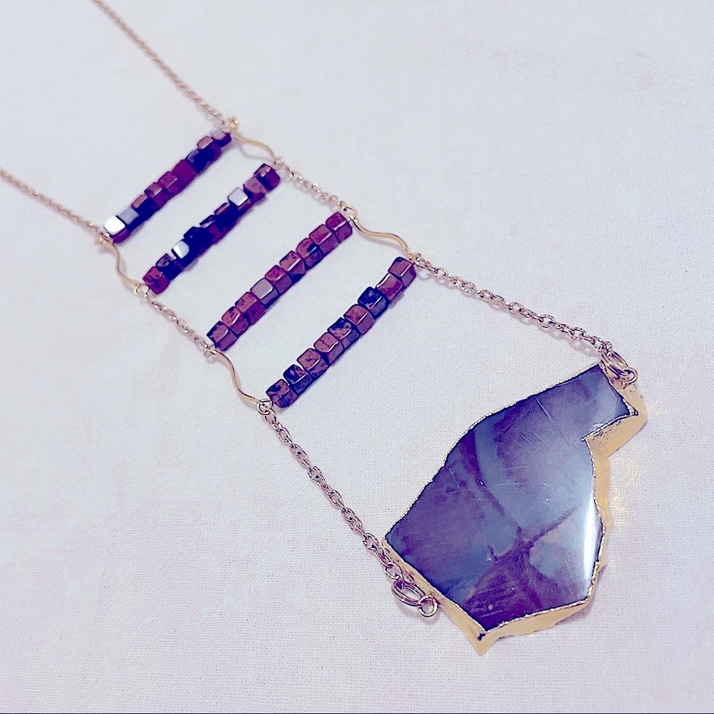 Long boho hippie jasper gold necklace
